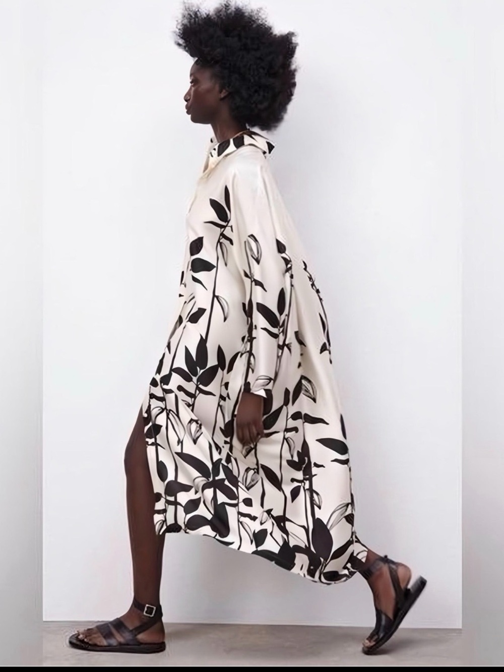 Zara Black & White Botanical Long Sleeve Shirt Dress